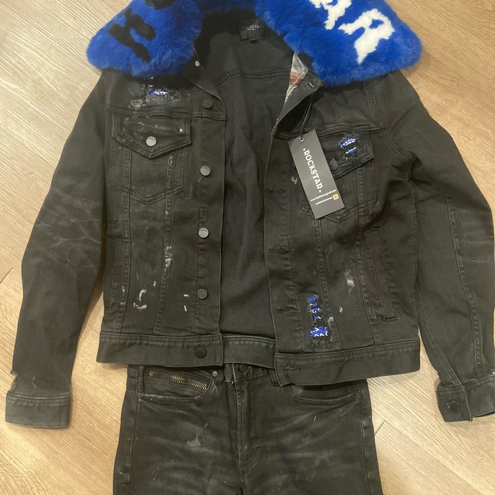 Mens Black Denim Jacket with Blue Accents